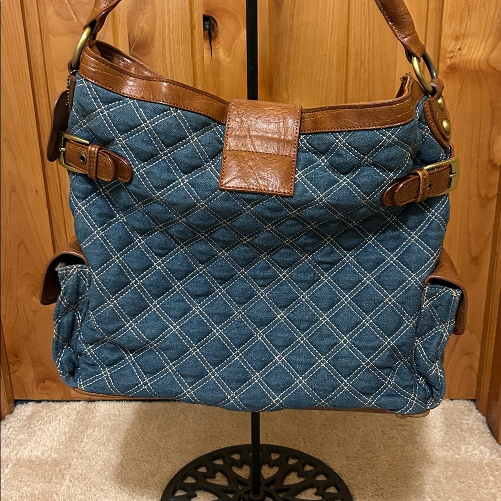 Denim and Faux Leather Diamond Stitched Hobo Style Bag - Picture 10 of 15